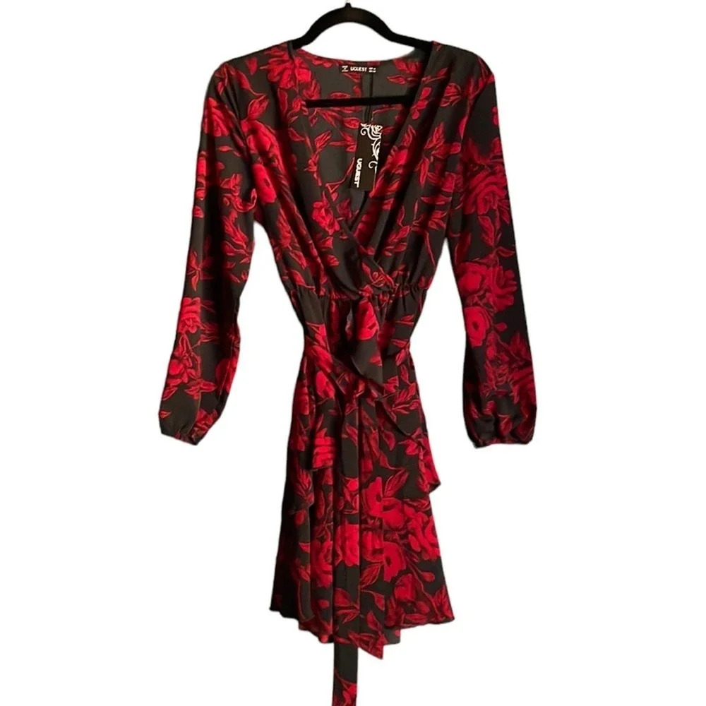 NEW UGUEST Long Sleeve V Neck‎ Dress Floral Mini Cocktail Dress Size (M) Medium